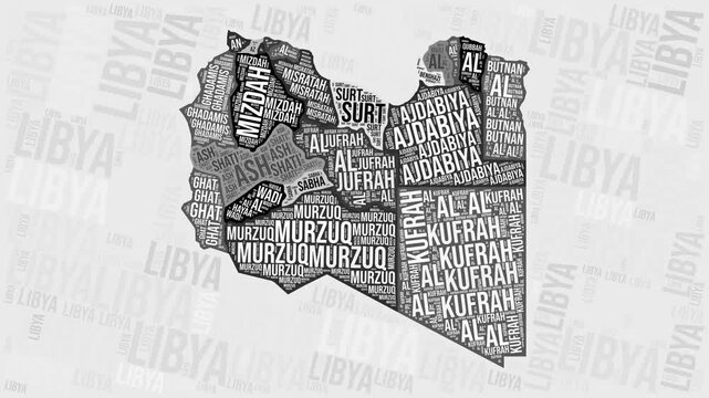 Libya Animation. Visual effect of Libya regions appearing in black and white word clouds style. Country intro video. Stylish Animated Motion Graphics.