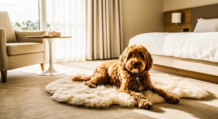 Dog enjoying pet-friendly hotel room. Pomeranian relaxing on armchair with mountain view. Comfortable travel with pets concept.