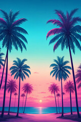 Tropical sunset beach scene with palm trees under a vibrant pink and blue sky