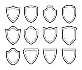 Flat vector icons set of shield shapes. Protect shield security line icons. Badge quality symbol, sign, logo or emblem. Lock shield cyber security technology. Heraldic shield set. Protect shapes
