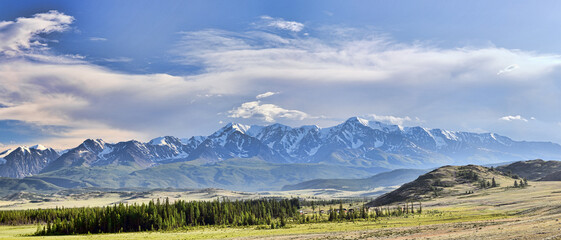 high snow mountains landscape under white cloudy sky