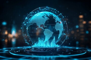Futuristic global technology concept. Illuminated globe, holographic display, technological city background
