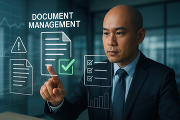 Document Management and Digital Organization, Businessman Reviewing Files, Workflow Optimization, Office Productivity, Corporate Documentation, Digital Tools, KPI Dashboard