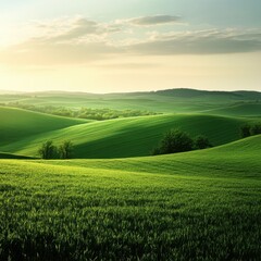 Obraz premium Green Tone Nature: Serene Landscapes with Large Empty Spaces for Text Messages.