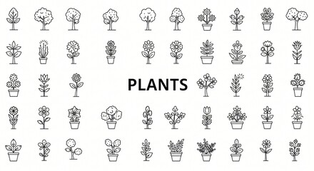 line art set of icons depicting plants illustrations vectors symbols icons 