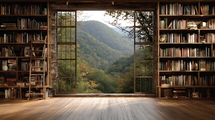 Scenic home office with wooden shelves for online presentation backdrop  
