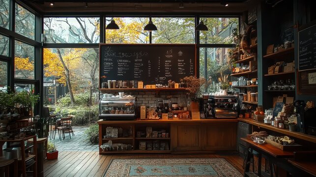 Cozy cafe interior menu board, machines, shelves, view