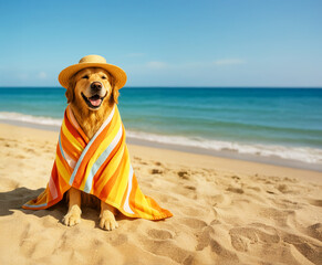 Happy golden retriever wrapped in a colorful beach towel and wearing a straw hat, sitting on the sand by the sea. Adorable summer vacation moment with a smiling dog.