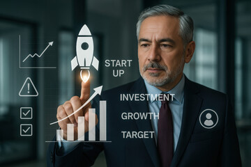 Businessman touching on rocket launch with up arrow, investment growth, planning and starting corporate business start up aiming objective value development leadership and customer target group - Mode