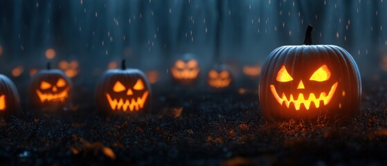 Fototapeta premium Halloween pumpkins glow in forest