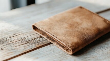 Brown leather wallet lying on a wooden surface. the wallet appears to be made of a soft, supple leather and has a rectangular shape with a flap on top.