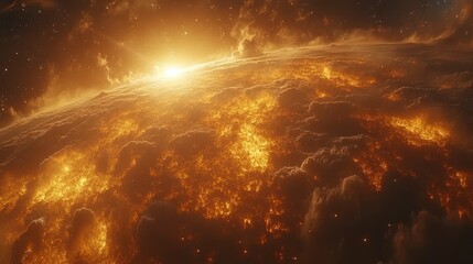 Fiery planetscape intense sunlight illuminates a swirling orange, cloudy surface