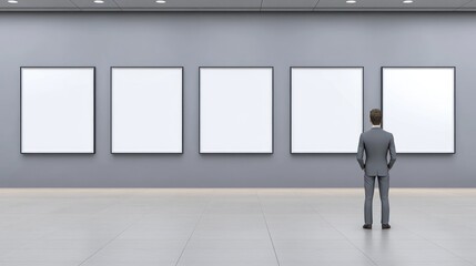 Fototapeta premium Contemplating Blank Canvases: A Businessman in a Modern Art Gallery