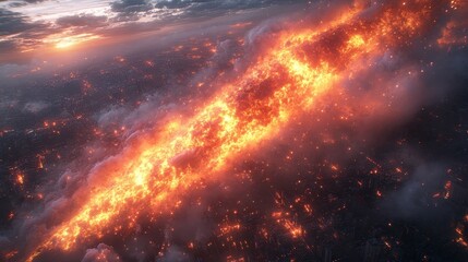 Fiery streak dominates urban landscape, with city lights dimming below stormy sky