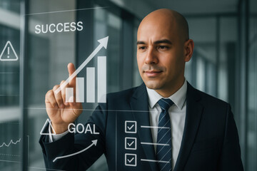 Business Success and Growth Strategies, Businessman Analyzing KPI Dashboard, Corporate Planning, Workflow Optimization, Leadership Decisions, Team Collaboration, Office Productivity