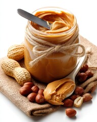 Creamy peanut butter in a glass jar with a silver knife and scattered nuts on a rustic burlap fabric background for culinary and food photography