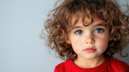 Naklejka premium Close-up portrait of a young child with curly hair. the child is looking directly at the camera with a serious expression on their face. they have blue eyes and are wearing a red t-shirt.