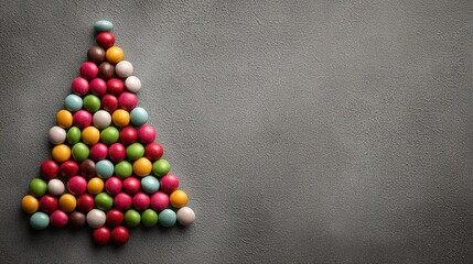 Minimalist Christmas tree made of colorful candies on the floor against a gray background, festive holiday concept with modern simplicity