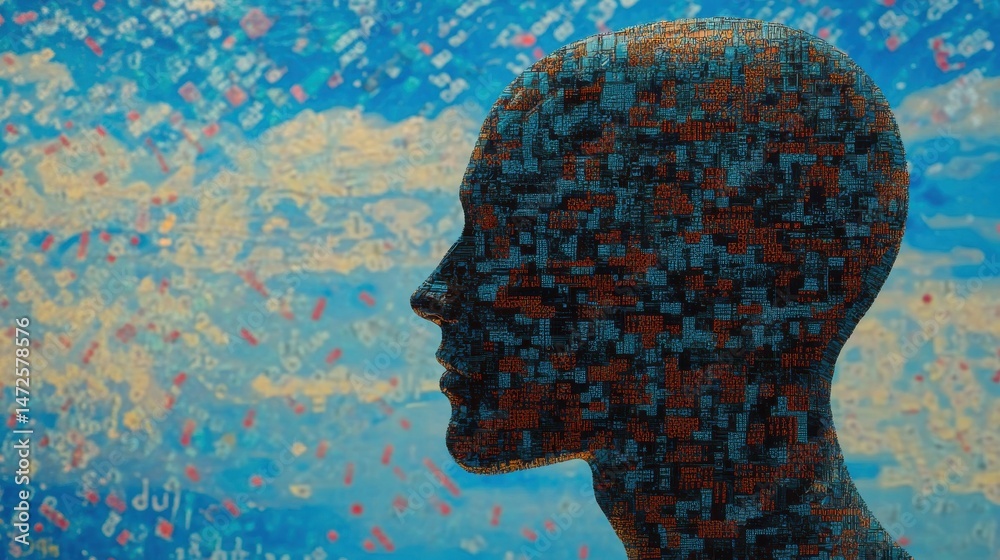 Poster abstract human head profile made of circuit board and binary code on a blue background, an artificia