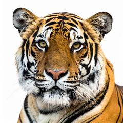Fototapeta premium Majestic tiger staring with intense gaze on white background