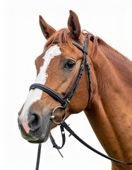 Fototapeta premium Chestnut horse wearing a bridle posing against white background