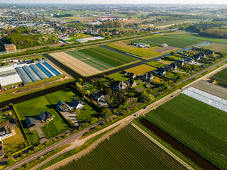 A top-down aerial view of a colorful flower field with neatly arranged rows, a curved rural road, a canal, and a highway with moving cars casting long morning shadows. Peaceful spring scene.