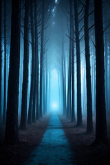 Naklejka premium A mystical path through a dense forest bathed in ethereal blue hues and fog