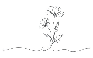 Elegant Single Line Drawing of Two Blooming Flowers with Leaves on a Stem