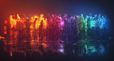 Colorful puzzle pieces form diverse group of people. Concept of teamwork, business structure. Visualizes company departments, teams. Illustrates hiring new employees. Emphasizes cooperation,