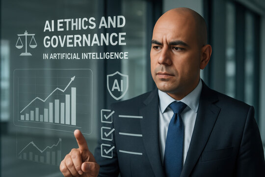AI Ethics and Governance, Businessman Analyzing Artificial Intelligence Policy, Responsible AI Decision Making, Corporate Technology Strategy, Digital Dashboard, Data Privacy, AI Policy Framework
