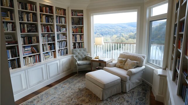 Sophisticated home library with custom shelves and peaceful work views  
