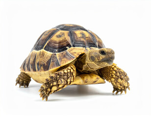 Obraz premium Elongated tortoise walking on white background in studio