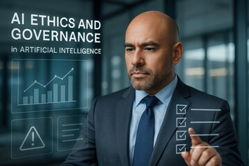 AI Ethics and Governance, Businessman Analyzing Artificial Intelligence Policy, Responsible AI Decision Making, Corporate Technology Strategy, Digital Dashboard, Data Privacy, AI Policy Framework