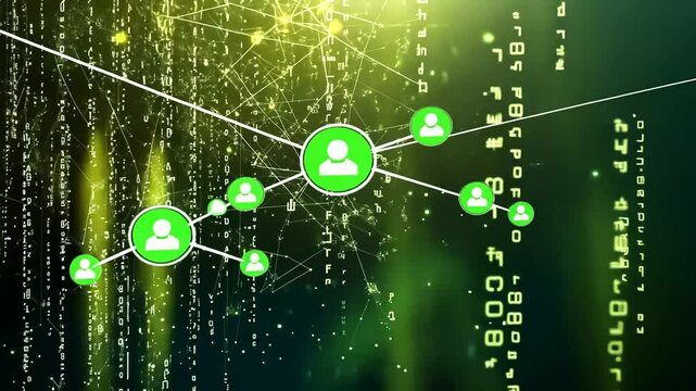 Green profile icons linked in a web over a background of falling green digital characters and glowing light particles