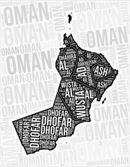Oman regions map word cloud. Oman region names. Black and white map design. Classy vector illustration.