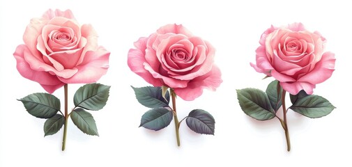Fototapeta premium Three Pink Roses on White Background