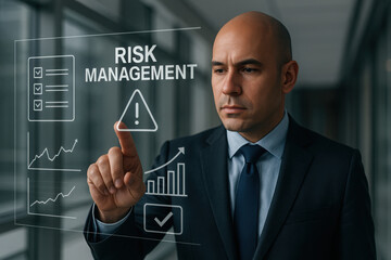 Risk Management and Business Continuity, Businessman Evaluating Corporate Risks, Financial Analytics, Decision Making, Strategy Planning, KPI Dashboard, Risk Assessment Tools, Corporate Governance