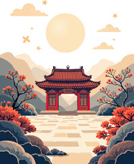 a chinese landscape with a pagoda and mountains in the background