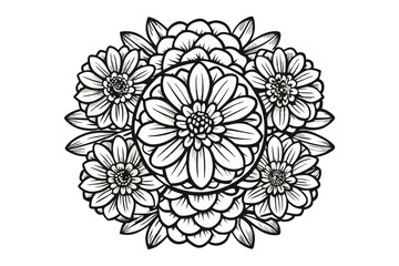 Symmetrical Dahlia Bloom Sketch for Wedding Invitations and Prints, Monochrome Floral Vector Element
