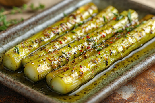 Plate of grilled celer with abundant sauce.