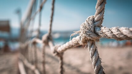 Close up of beach volleyball net knots and ropes with soft sea background