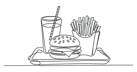 Continuous Line Drawing of a Delicious Hamburger Meal with French Fries and Soda
