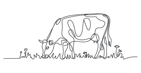 Single Line Drawing of a Cow Grazing in a Field of Flowers