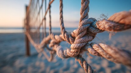 Close up of beach volleyball net knots and ropes with soft sea background
