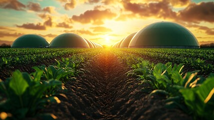 Biogas Domes at Sunset: A line of white bio-digester domes stand in silhouette against a vibrant sunset over a field of lush green sugar beet plants.