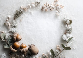 Obraz premium Elegant winter wreath arrangement on snowy surface.