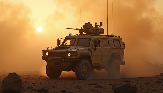 Armored Vehicle in Desert at Sunset