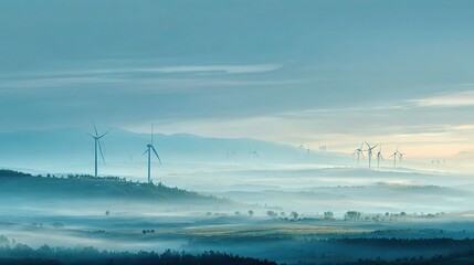 Misty Hills with Windmills at Dawn in a Serene Landscape