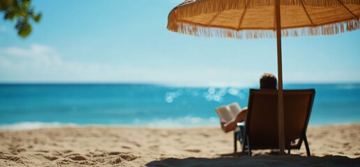 Tranquil Scene: Relaxing at the Beach with a Book Under a Parasol