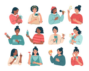 Young smiling women holding different weekend items in hand. Leisure, relaxation, healthy lifestyle. Camera, gift, clean water, flower. Self time items in arm. Isolated vector illustration	
